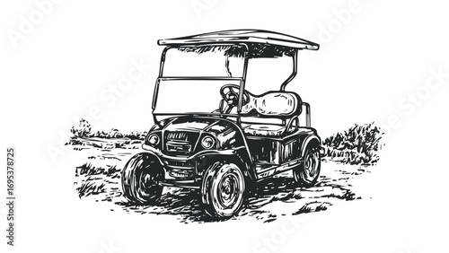 Sketch of a vintage golf cart parked on grassy terrain. Vector hand drawn illustration