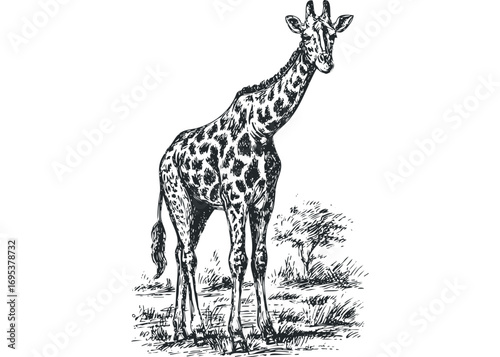 Line drawing of a standing giraffe with spotted coat on a grassy landscape. Vector hand drawn illustration