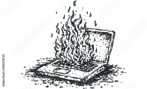 Sketch of a Laptop on Fire,PNG Image. Vector hand drawn illustration