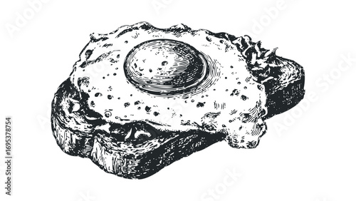 Hand Drawn Single Fried Egg On Toast Image. Vector hand drawn illustration