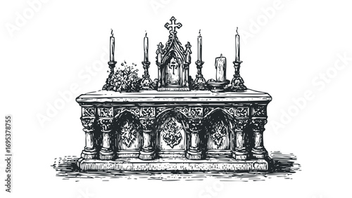 Ornate altar with religious cross and candles on a transparent background. Vector hand drawn illustration