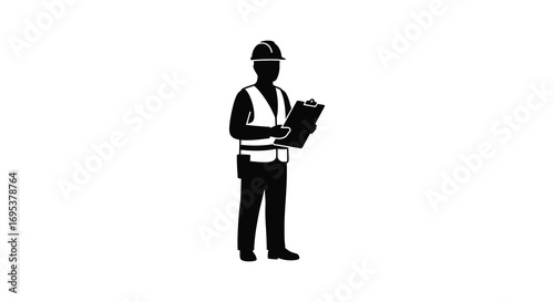 a construction worker holding clipboard wearing helmet and uniform