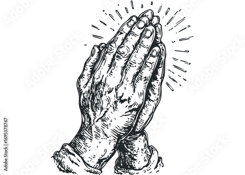 Praying Hands Image with Rays of Light. Vector hand drawn illustration