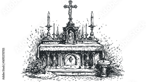 Cross altar with crucifix and candles on transparent background. Vector hand drawn illustration