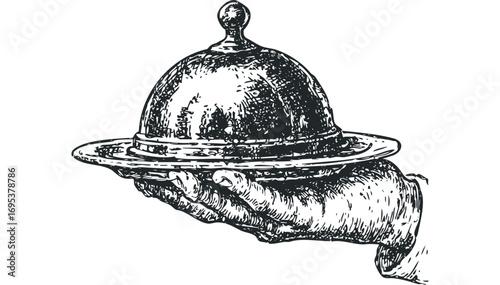 Hand holding silver cloche on a transparent background. Vector hand drawn illustration