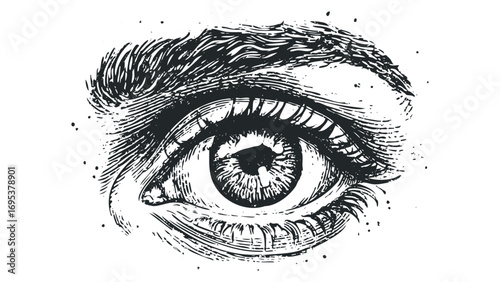 Monochromatic graphic of an eye with detailed linework on transparent background. Vector hand drawn illustration