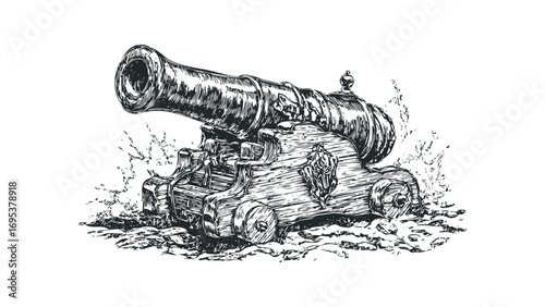 Antique cannon on wooden carriage. Vector hand drawn illustration