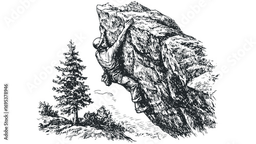 Man climbing steep rock face with trees and bushes. Vector hand drawn illustration