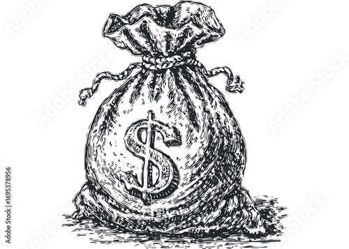 Lined Drawing of a Full Money Bag with Dollar Symbol on Transparent. Vector hand drawn illustration