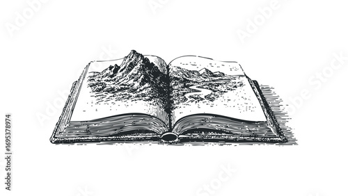 Open book with sketched mountain landscape and winding river. Vector hand drawn illustration