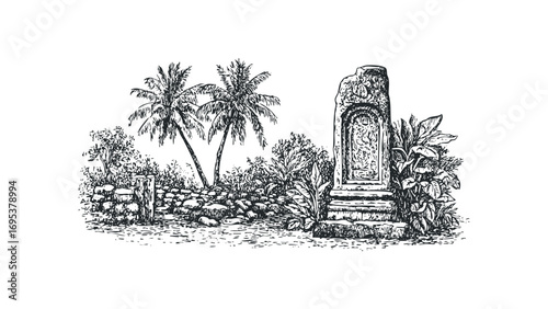 Tropical ruins with stone carvings and palm trees. Vector hand drawn illustration