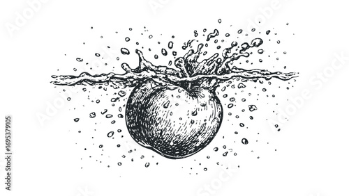 Sketch of Apple Dropping into WaterSplash. Vector hand drawn illustration