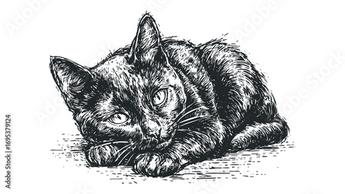 Sketch of a domestic cat with textured fur on transparent background. Vector hand drawn illustration