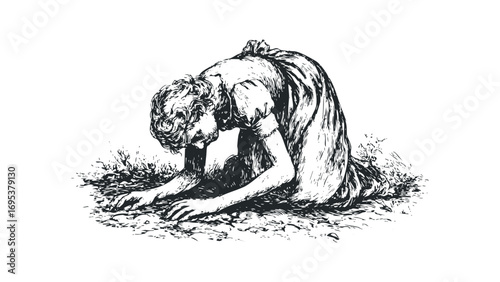 Antique engraving of a weary person kneeling on the ground outdoors. Vector hand drawn illustration