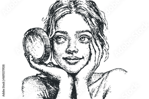 Line drawing of a young woman holding a round mirror. Vector hand drawn illustration