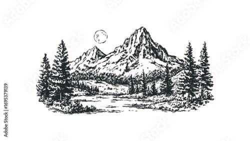 Hand drawn mountain landscape with moon and pine trees. Vector hand drawn illustration
