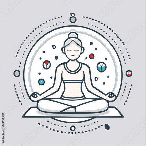 Vector illustration of a woman meditating in a lotus pose, representing mindfulness, spiritual balance, and wellness in a minimalist line art style
