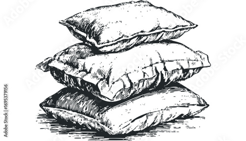 Stacked sketch pillows on transparent. Vector hand drawn illustration