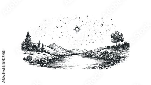 Pen and ink drawing of a starry night over a serene mountain landscape and river. Vector hand drawn illustration