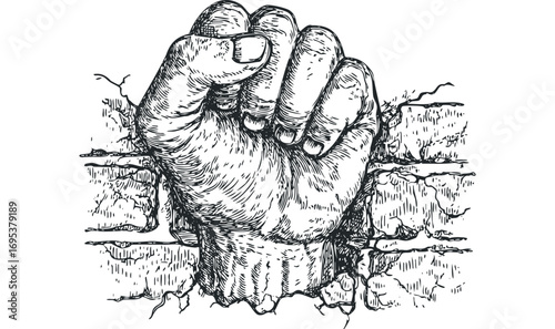 Fist breaking through brick wall, powerful strength symbolism, graphic design element. Vector hand drawn illustration