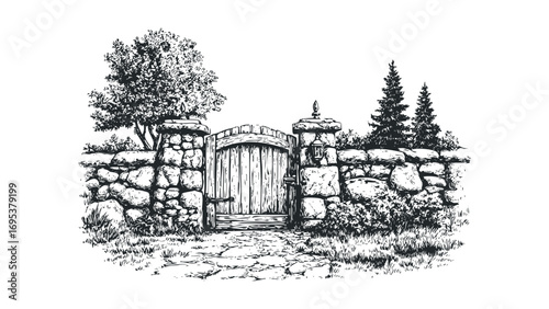 Ink drawing of a rustic stone wall with wooden gate and trees on transparent background. Vector hand drawn illustration