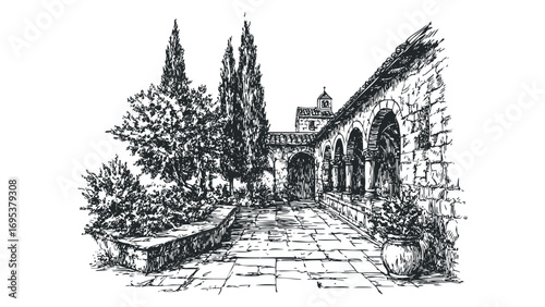 Sketch of cloistered courtyard with stone arches and cypress trees. Vector hand drawn illustration