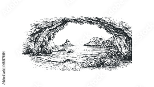 Cave entrance view of rugged coastline and choppy ocean waves. Vector hand drawn illustration