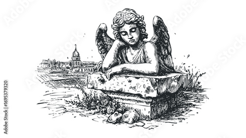 Angel statue resting on stone with distant building outline. Vector hand drawn illustration