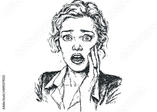 Shocked woman with hand to face on transparent background. Vector hand drawn illustration