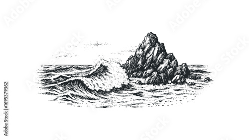 Sketch of a crashing ocean wave against rocky shore on transparent background. Vector hand drawn illustration