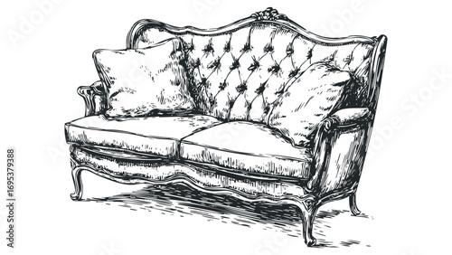 Tapestry Sofa with Tufted Back and Pillows. Vector hand drawn illustration