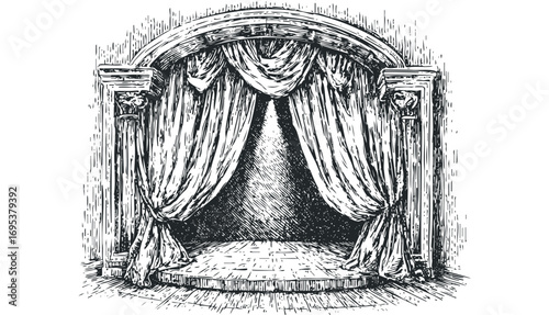 Stage curtains with columns and spotlight on empty performance platform. Vector hand drawn illustration