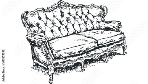 Ornate Tufted Sofa Sketch. Vector hand drawn illustration