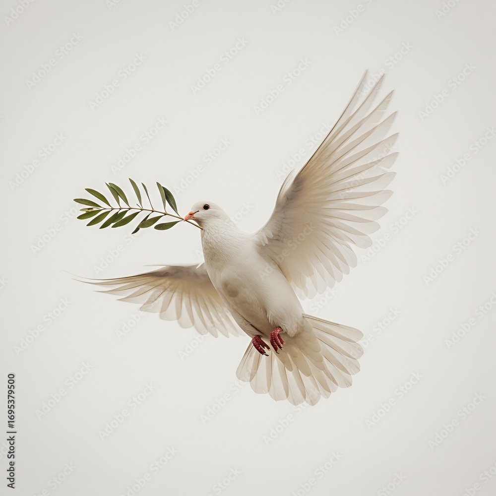 Fototapeta premium A pristine white dove soars upward, carrying a vibrant olive branch, symbolizing peace and hope.