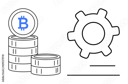 Bitcoin stacks adjacent to a gear symbolizing technical operation. Ideal for cryptocurrency, blockchain, technology, finance, digital economy, fintech, decentralized networks. Flat simple metaphor