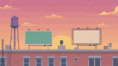 Rooftop Billboards and Water Tower Vector Illustration at Sunset