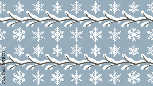 Snowflake and Snowy Branch Pattern on Blue Background for Winter Themes