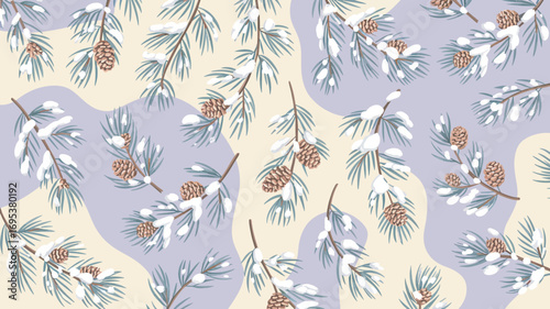 Snowy Pine Branch Pattern with Abstract Background for Winter Designs