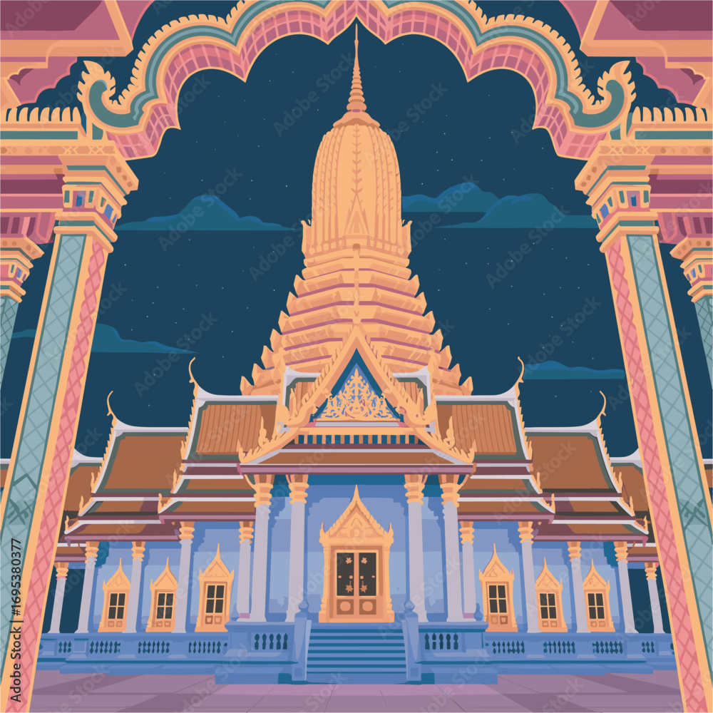 Naklejka premium Thai Temple Vector Illustration with Intricate Architectural Details