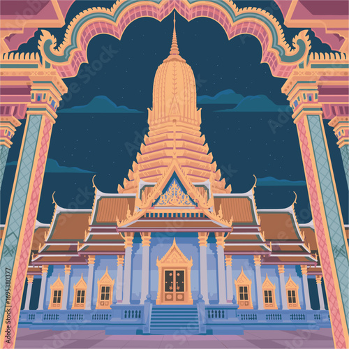 Thai Temple Vector Illustration with Intricate Architectural Details