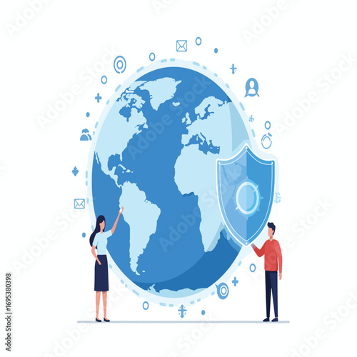 Illustration of two people with a shield protecting the Earth from cyber threats and securing global communication.