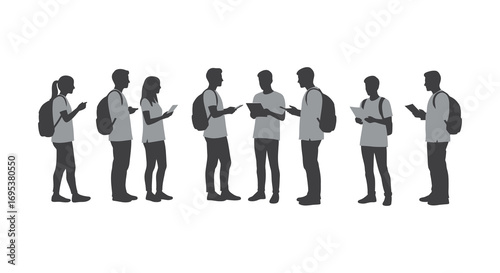 a line of people standing and using their phones