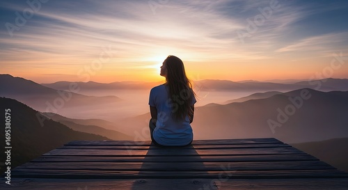 A Woman Sits Peacefully On A Wooden Platform, Overlooking A Serene Mountain Landscape Bathed In The Warm Hues Of A Spectacular Sunset Or Sunrise.