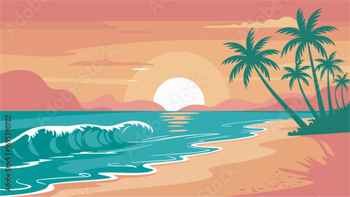 Tropical Beach Sunset Vector Illustration with Palm Trees and Ocean Wave