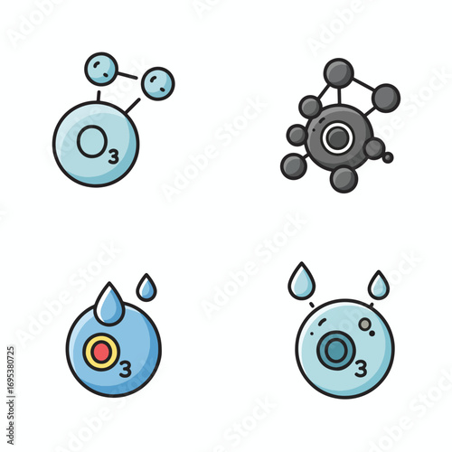 Simplified illustrations of ozone molecules and water molecules, showing molecular structures and hydration.