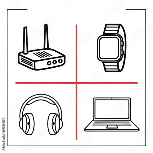 Illustration showing a router, a smartwatch, headphones, and a laptop arranged in a square grid pattern
