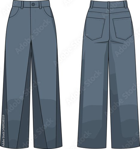 Wide leg jeans fashion flat sketch, front and back view, denim pants technical drawing, apparel design vector, clothing template illustration