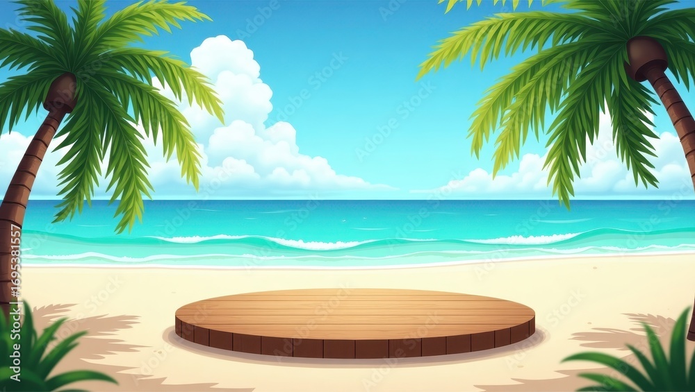 Obraz premium Vibrant beach scene with a circular wooden platform, perfect for product placement, featuring lush palm trees, a tranquil ocean, and a sandy beach.