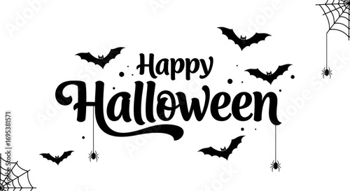 Decorative Happy Halloween Typography with Bat Silhouette and Spider Element