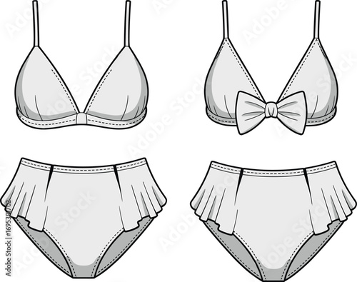 Women bikini swimwear vector illustration, stylish lingerie bra and panties set, fashionable beachwear design, flat template outline and detailed drawing